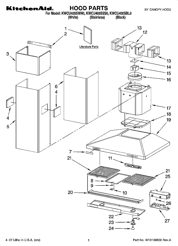 HOOD PARTS Diagram and Parts List for KWCU405SSS0  KitchenAid Range Hood
