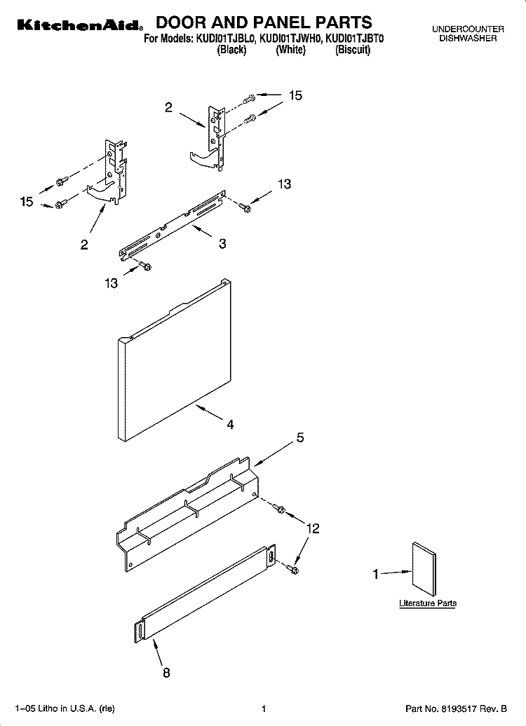 DOOR AND PANEL PARTS Diagram and Parts List for KUDI01TJBL0  KitchenAid Dishwasher