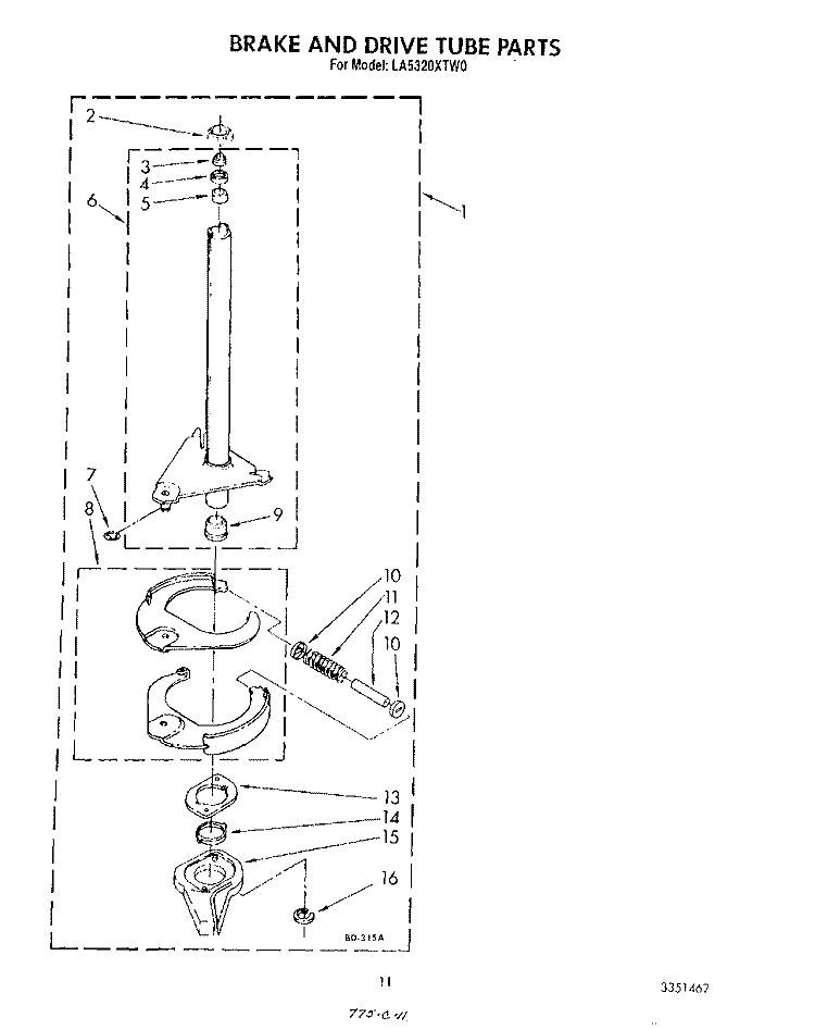 BRAKE AND DRIVE TUBE Diagram and Parts List for LA5320XTG0  Whirlpool Washer