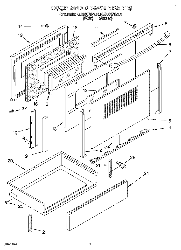 DOOR AND DRAWER Diagram and Parts List for KESC307BWH4  KitchenAid Range