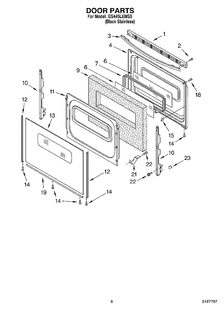 DOOR PARTS, MISCELLANEOUS PARTS Diagram and Parts List for GS445LEMS0  Whirlpool Range