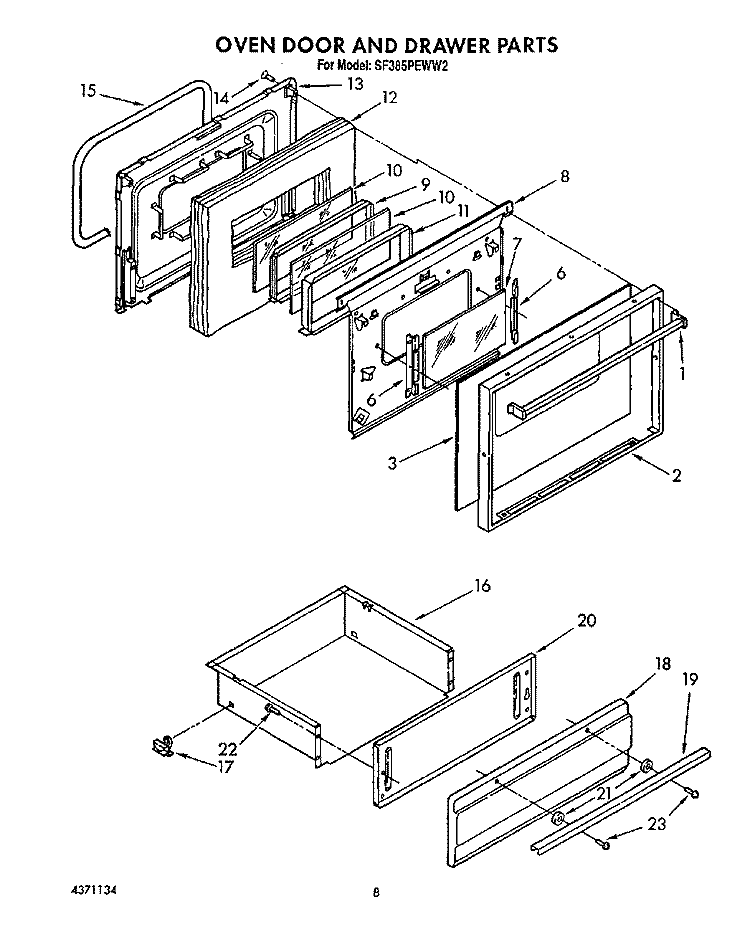 OVEN DOOR AND DRAWER Diagram and Parts List for SF385PEWW2  Whirlpool Range