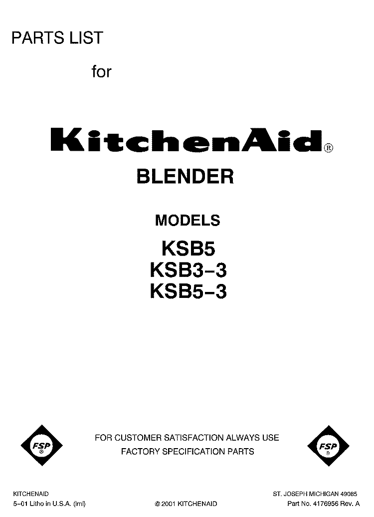 SECTION Diagram and Parts List for KSB33  KitchenAid Blender