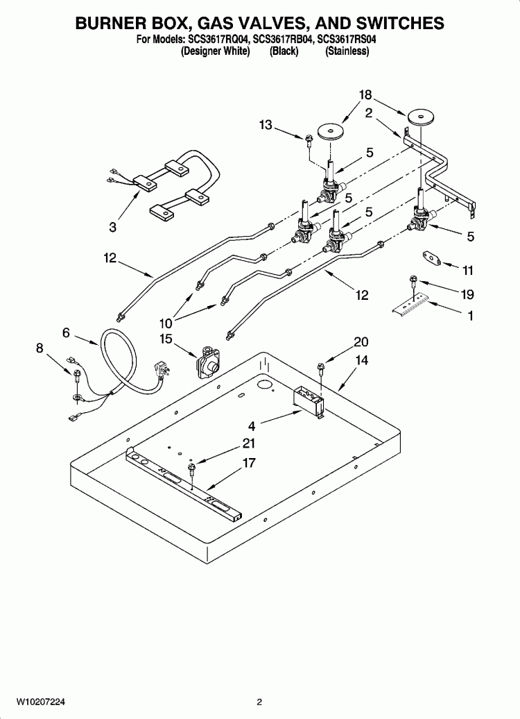 BURNER BOX, GAS VALVES, AND SWITCHES Diagram and Parts List for SCS3617RB04  Whirlpool Cooktop