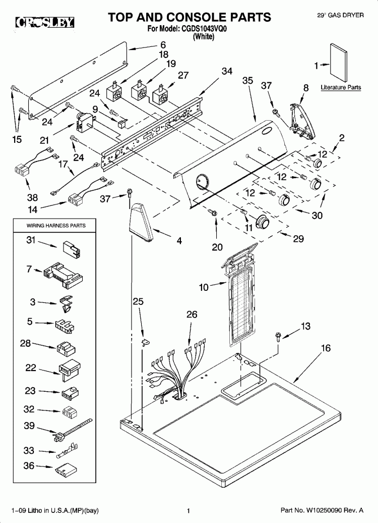 TOP AND CONSOLE PARTS Diagram and Parts List for CGDS1043VQ0  Crosley Dryer