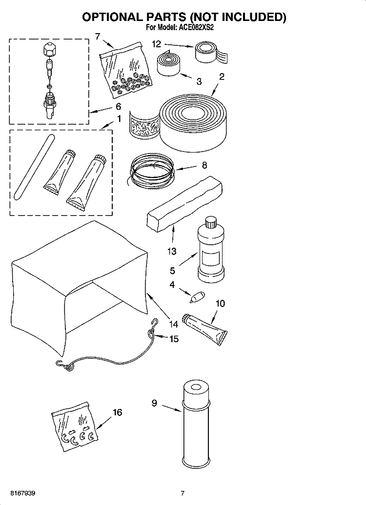 OPTIONAL  PARTS (NOT INCLUDED) Diagram and Parts List for ACE082XS2  Whirlpool Air Conditioner