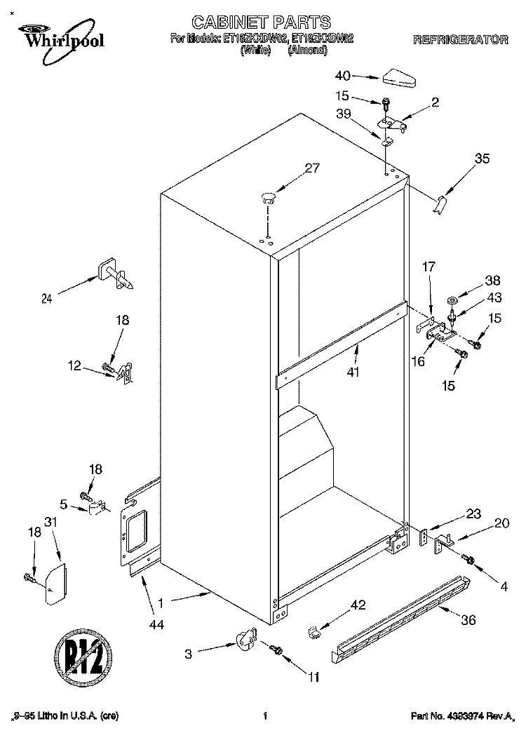 CABINET Diagram and Parts List for ET18ZKXDW02  Whirlpool Refrigerator