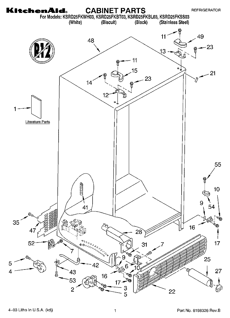 CABINET PARTS Diagram and Parts List for KSRD25FKSS03  KitchenAid Refrigerator