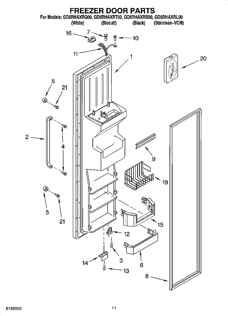 FREEZER DOOR PARTS Diagram and Parts List for GD5RHAXRT00  Whirlpool Refrigerator
