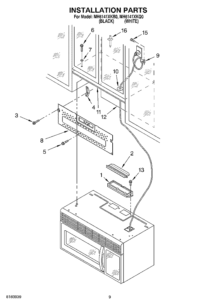 INSTALLATION Diagram and Parts List for MH6141XKQ0  Whirlpool Microwave