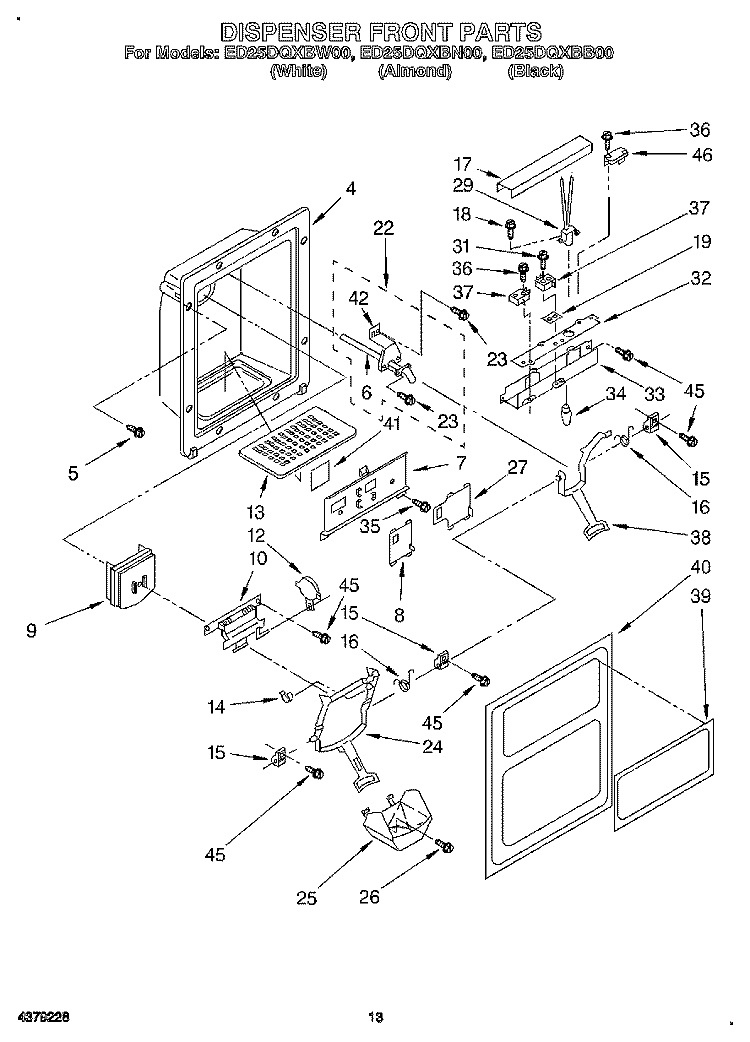 DISPENSER FRONT Diagram and Parts List for ED25DQXBN00  Whirlpool Refrigerator