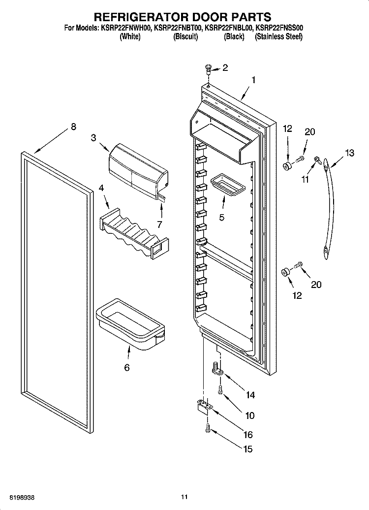 REFRIGERATOR DOOR PARTS Diagram and Parts List for KSRP22FNBT00  KitchenAid Refrigerator