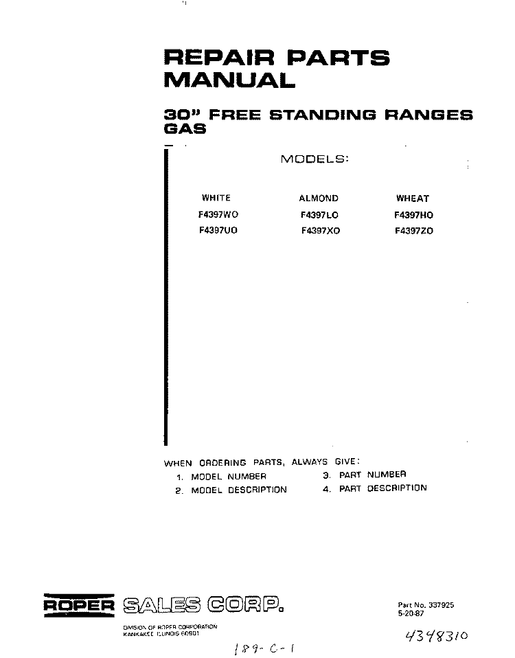 COVER Diagram and Parts List for F4397W0  Roper Range