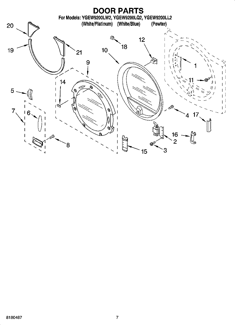 DOOR PARTS Diagram and Parts List for YGEW9200LW2  Whirlpool Dryer
