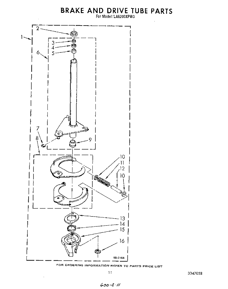BRAKE AND DRIVE TUBE Diagram and Parts List for LA6200XPW3  Whirlpool Washer