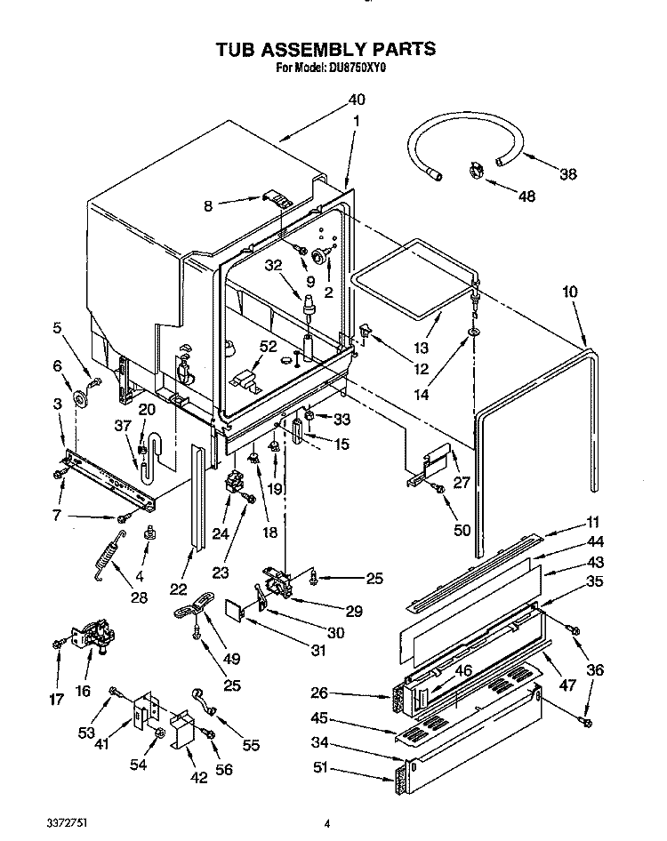 TUB ASSEMBLY Diagram and Parts List for DU8750XY0  Whirlpool Dishwasher
