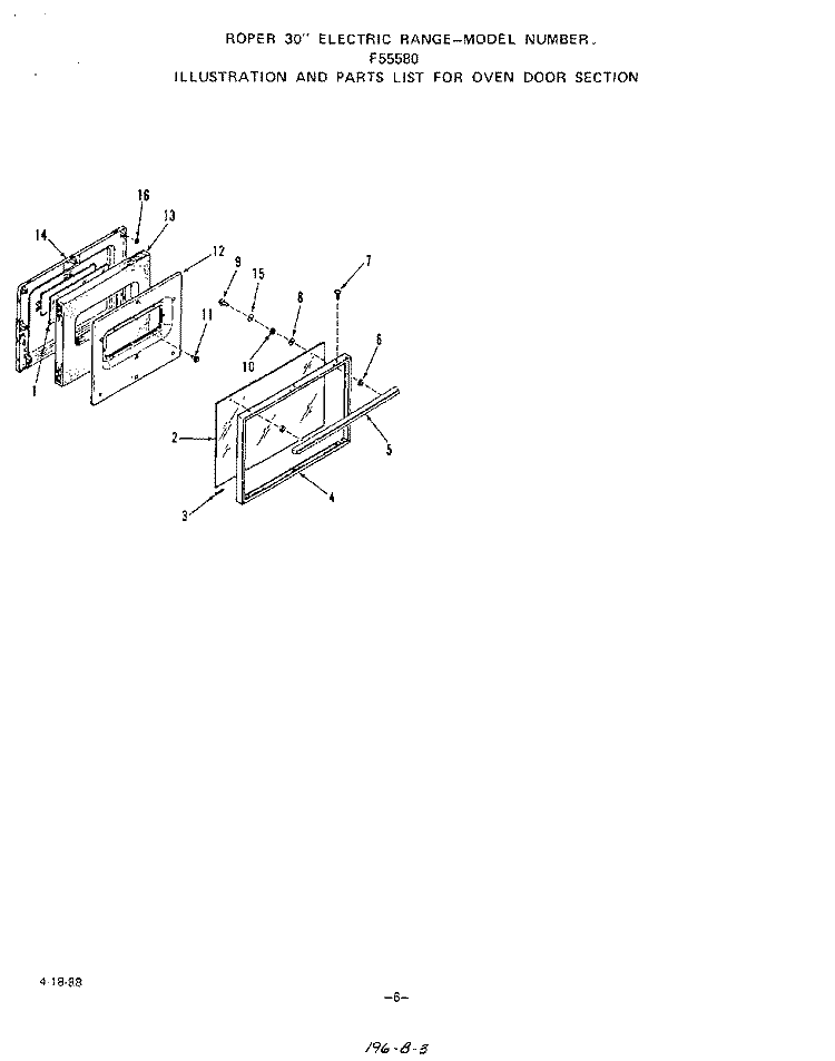 OVEN DOOR Diagram and Parts List for F5558W0  Roper Range