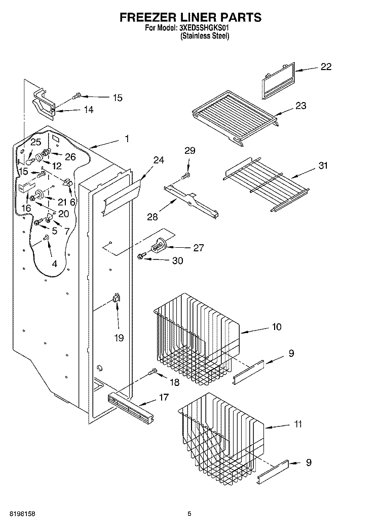 FREEZER LINER Diagram and Parts List for 3XED5SHGKS01  Whirlpool Refrigerator