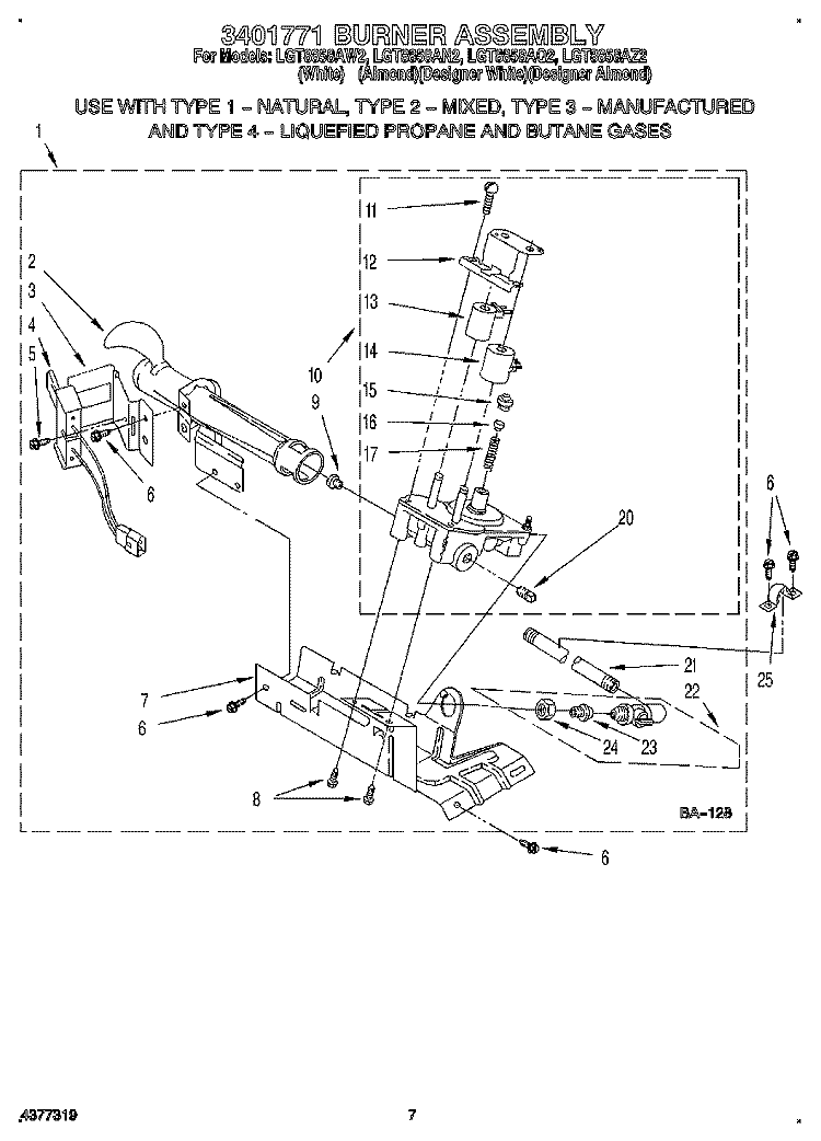3401771 BURNER ASSEMBLY Diagram and Parts List for LGT8858AW2  Whirlpool Dryer