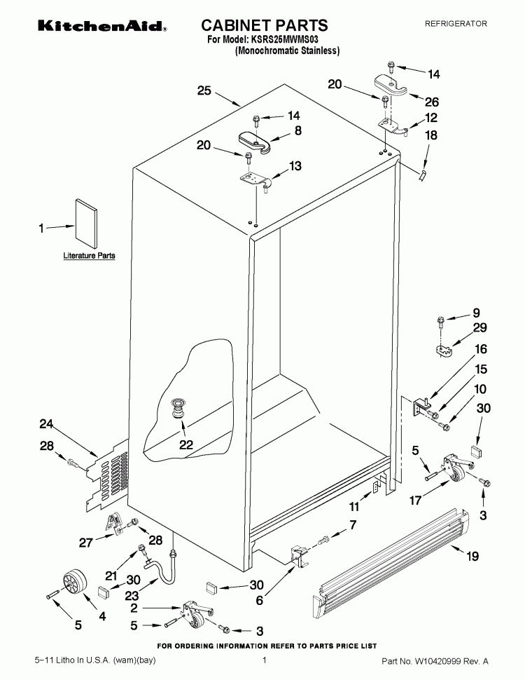 CABINET PARTS Diagram and Parts List for KSRS25MWMS03  KitchenAid Refrigerator