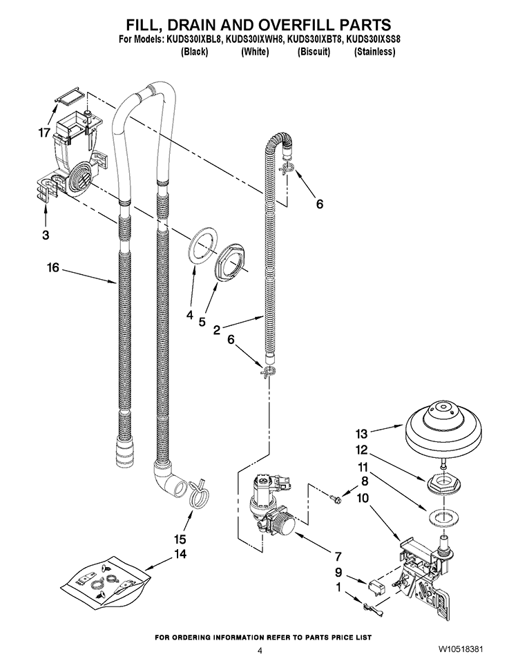 FILL, DRAIN AND OVERFILL PARTS Diagram and Parts List for KUDS30IXBL8  KitchenAid Dishwasher