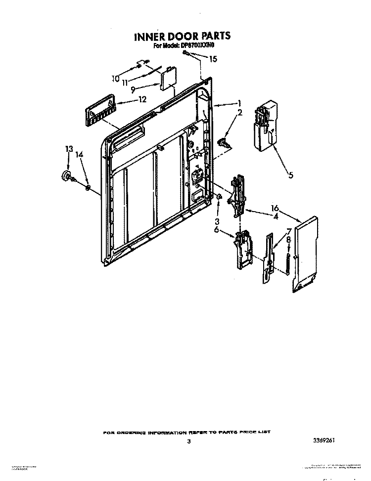 INNER DOOR Diagram and Parts List for DP8700XXN0  Whirlpool Dishwasher