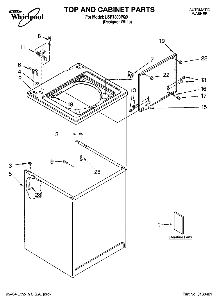 TOP AND CABINET PARTS Diagram and Parts List for LSR7300PQ0  Whirlpool Washer