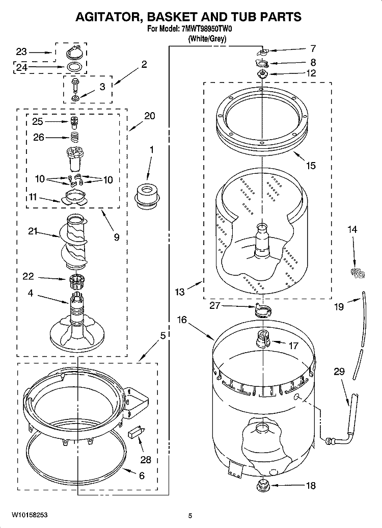 AGITATOR, BASKET AND TUB PARTS Diagram and Parts List for 7MWT98950TW0  Whirlpool Washer