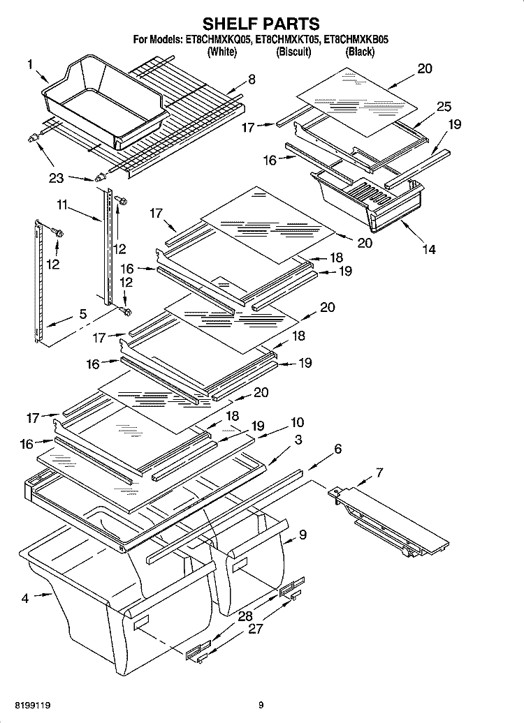 SHELF PARTS Diagram and Parts List for ET8CHMXKQ05  Whirlpool Refrigerator