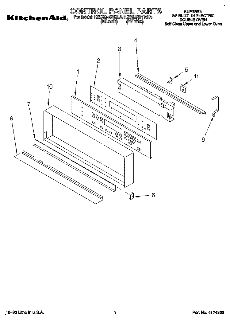 CONTROL PANEL, LIT/OPTIONAL Diagram and Parts List for KEBS246YWH4  KitchenAid Wall Oven