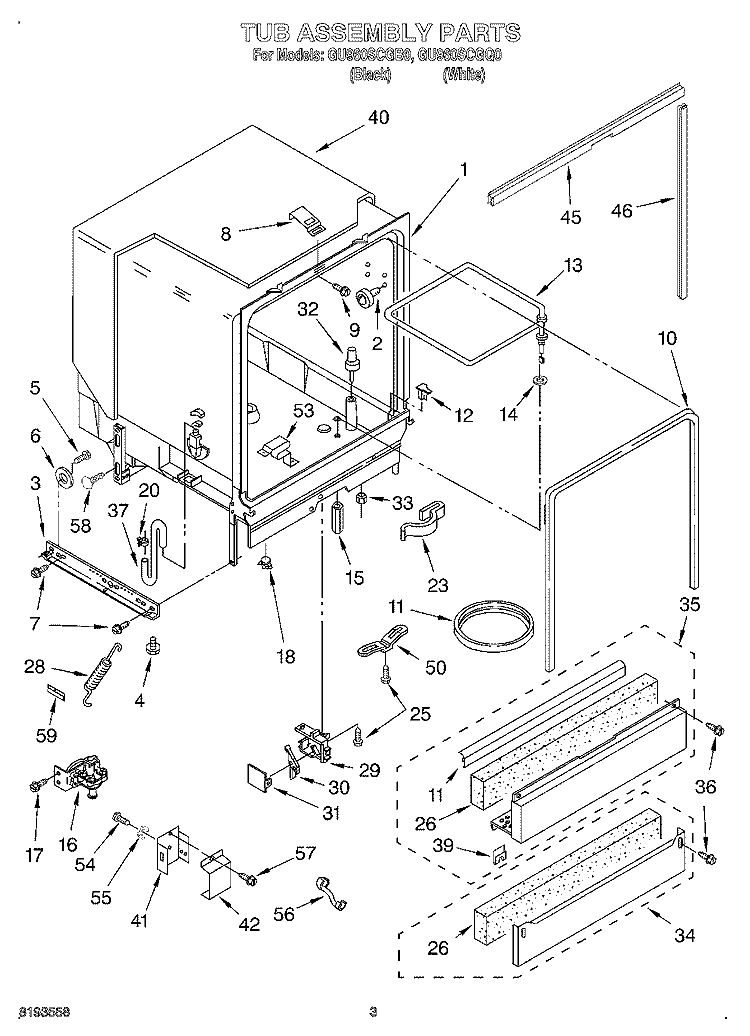 TUB ASSEMBLY Diagram and Parts List for GU960SCGQ0  Whirlpool Dishwasher