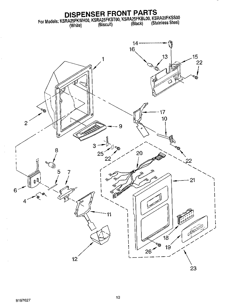 DISPENSER FRONT Diagram and Parts List for KSRA25FKWH00  KitchenAid Refrigerator