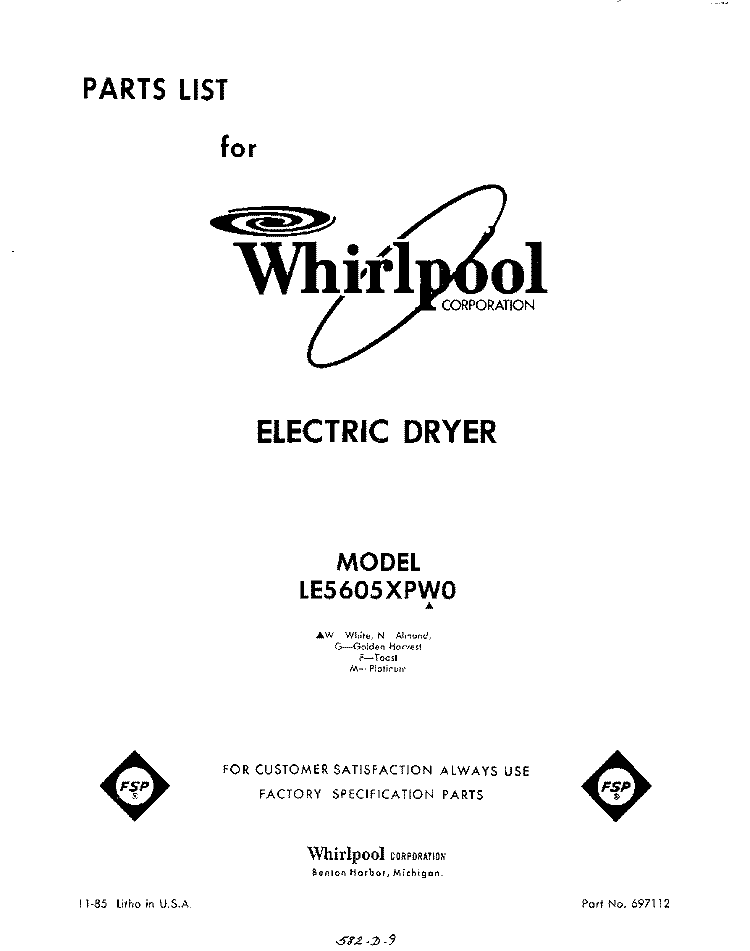SECTION Diagram and Parts List for LE5605XPW0  Whirlpool Dryer