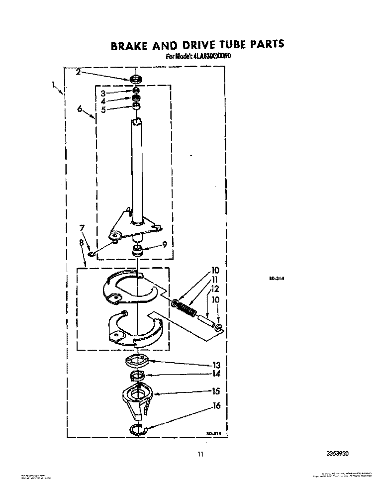 BRAKE AND DRIVE TUBE Diagram and Parts List for 4LA6300XXF0  Whirlpool Washer