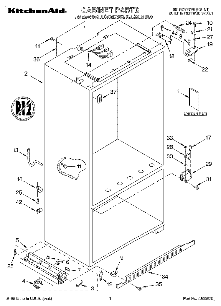 CABINET, LITERATURE Diagram and Parts List for KBLS36MHX00  KitchenAid Refrigerator
