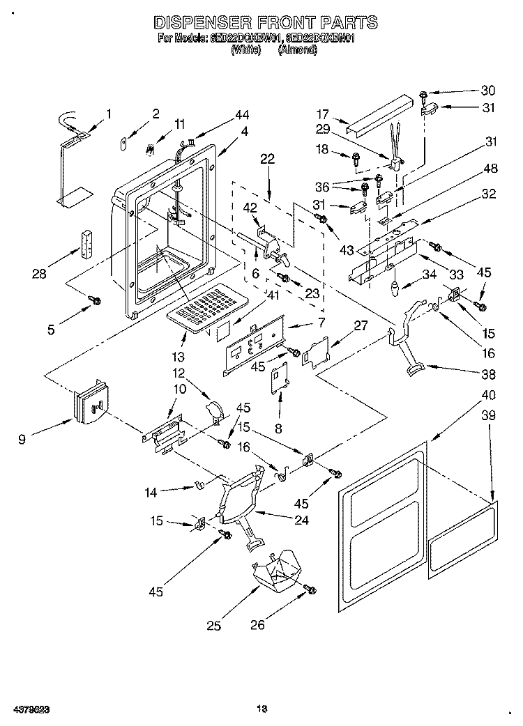 DISPENSER FRONT Diagram and Parts List for 8ED22DQXBN01  Whirlpool Refrigerator