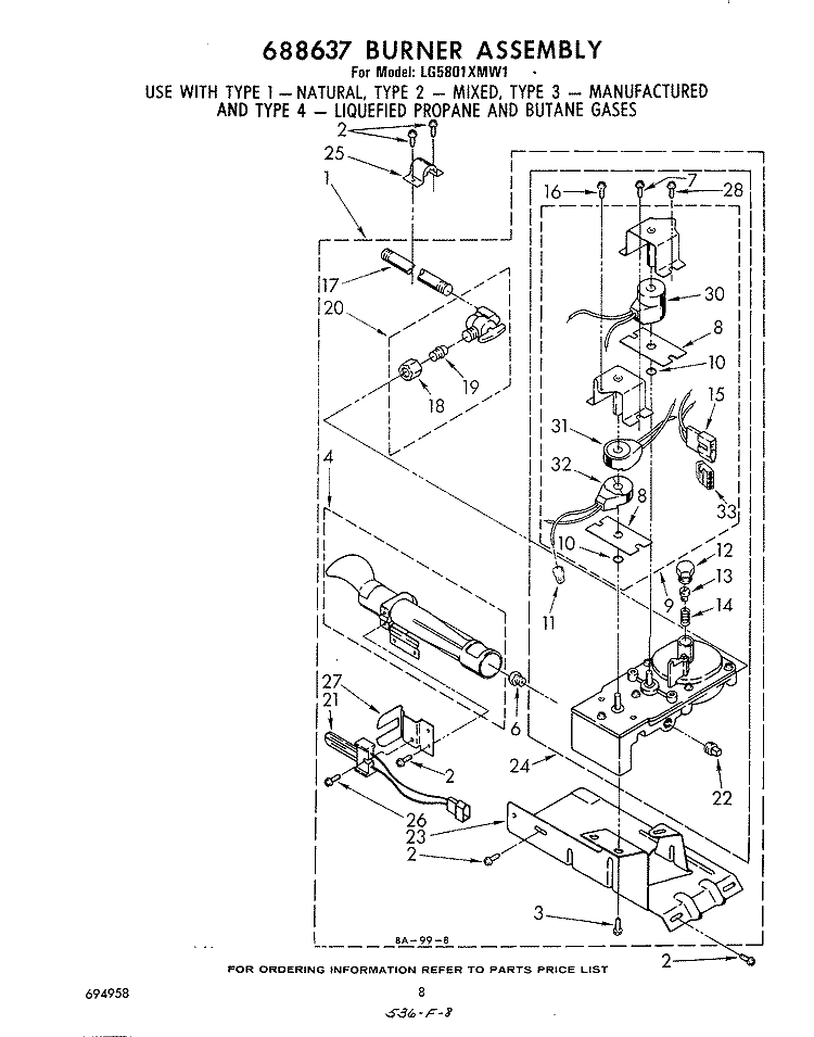 688637 BURNER Diagram and Parts List for LG5801XMW1  Whirlpool Dryer