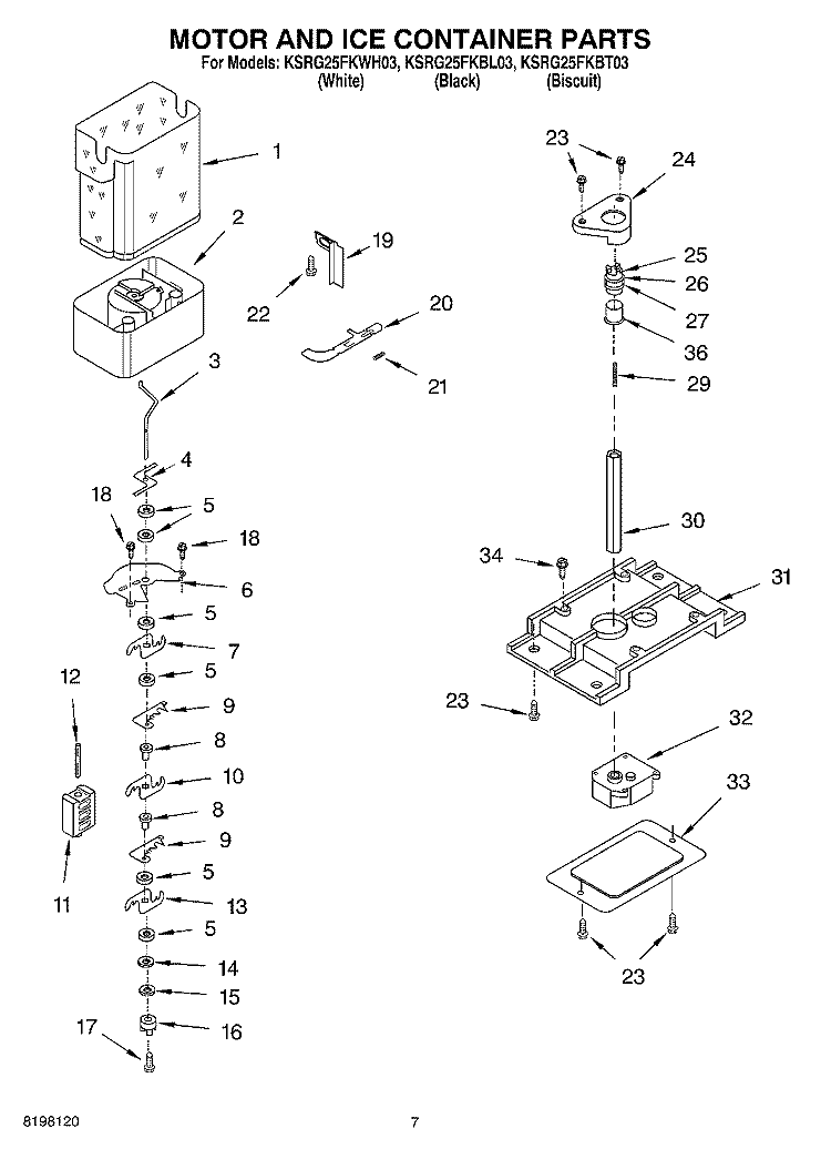 MOTOR AND ICE CONTAINER Diagram and Parts List for KSRG25FKBL03  KitchenAid Refrigerator