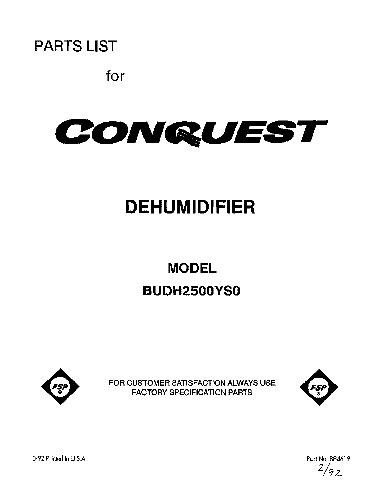 SECTION Diagram and Parts List for BUDH2500YS0  Whirlpool Dehumidifier