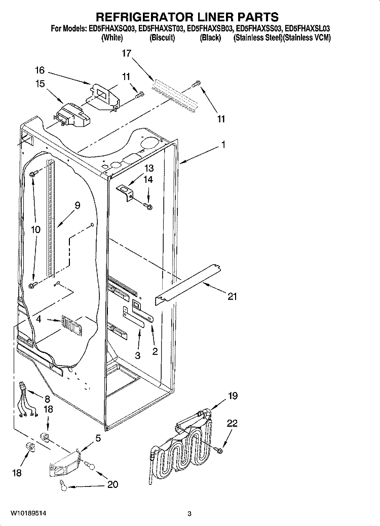 REFRIGERATOR LINER PARTS Diagram and Parts List for ED5FHAXSQ03  Whirlpool Refrigerator