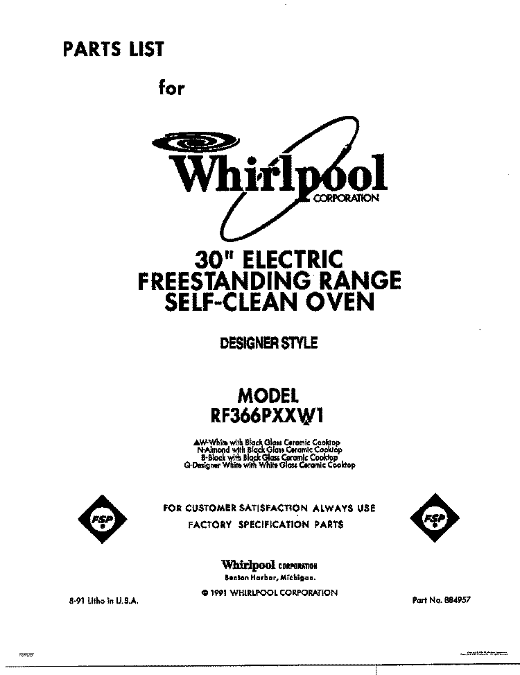 COVER Diagram and Parts List for RF366PXXN1  Whirlpool Range