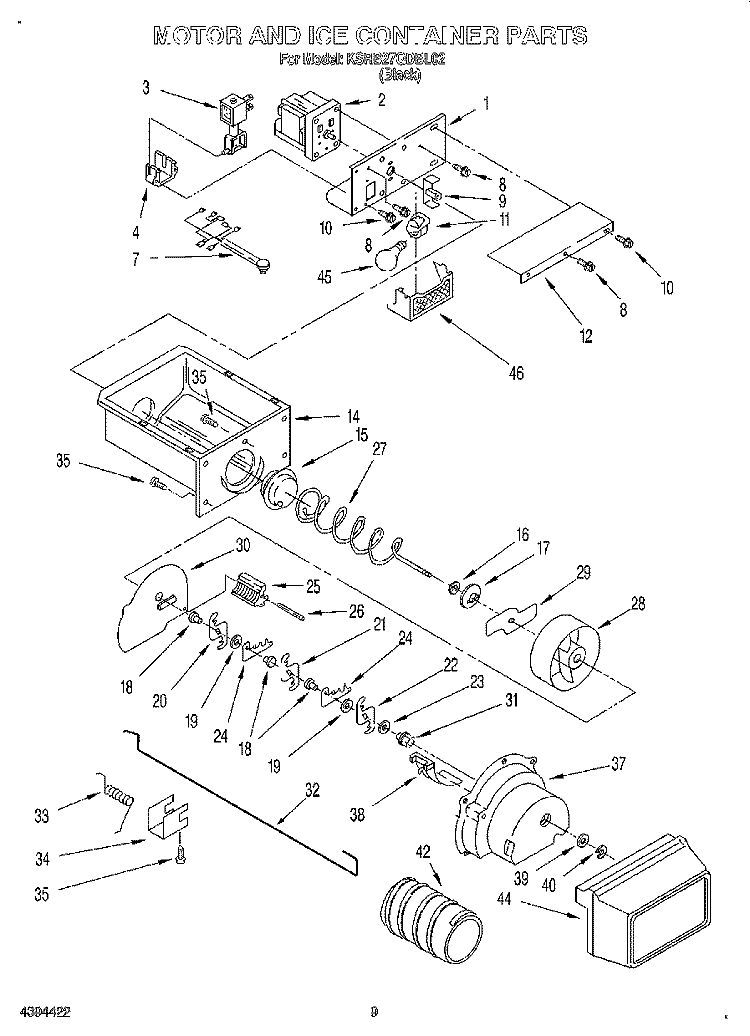 MOTOR AND ICE CONTAINER Diagram and Parts List for KSRB27QDBL02  KitchenAid Refrigerator