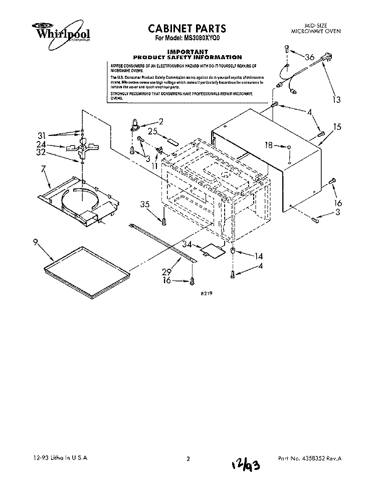CABINET Diagram and Parts List for MS3080XYQ0  Whirlpool Microwave