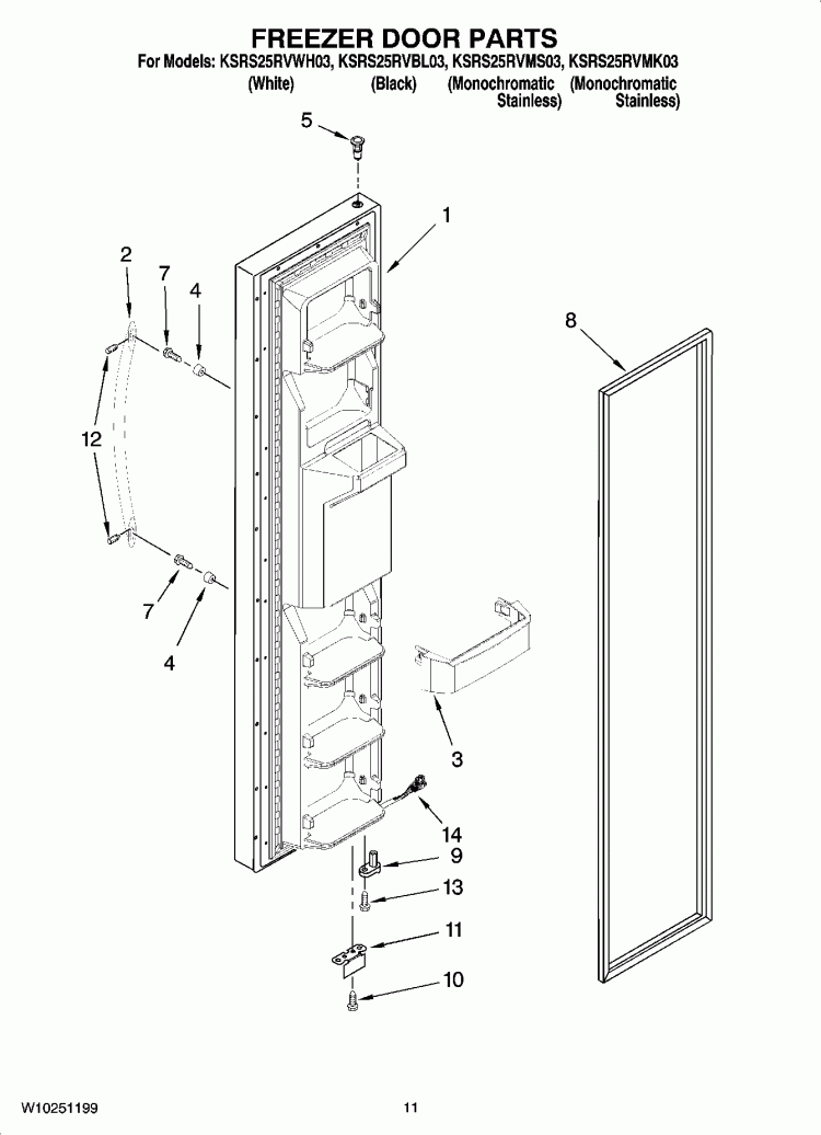 FREEZER DOOR PARTS Diagram and Parts List for KSRS25RVMK03  KitchenAid Refrigerator