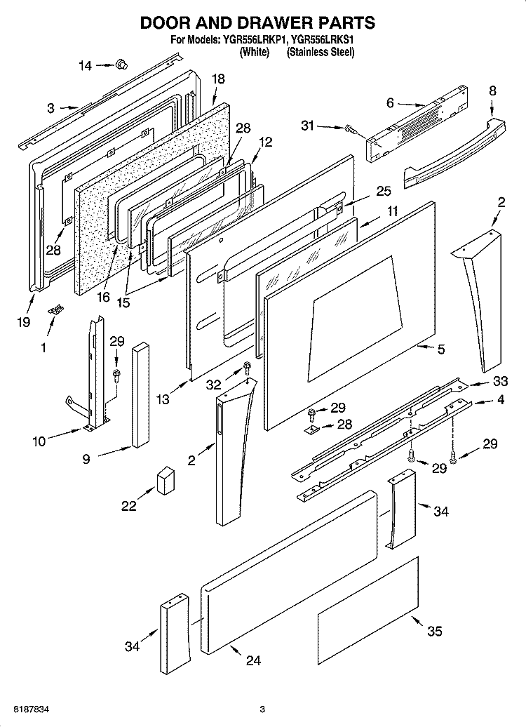 DOOR AND DRAWER PARTS Diagram and Parts List for YGR556LRKP1  Whirlpool Range