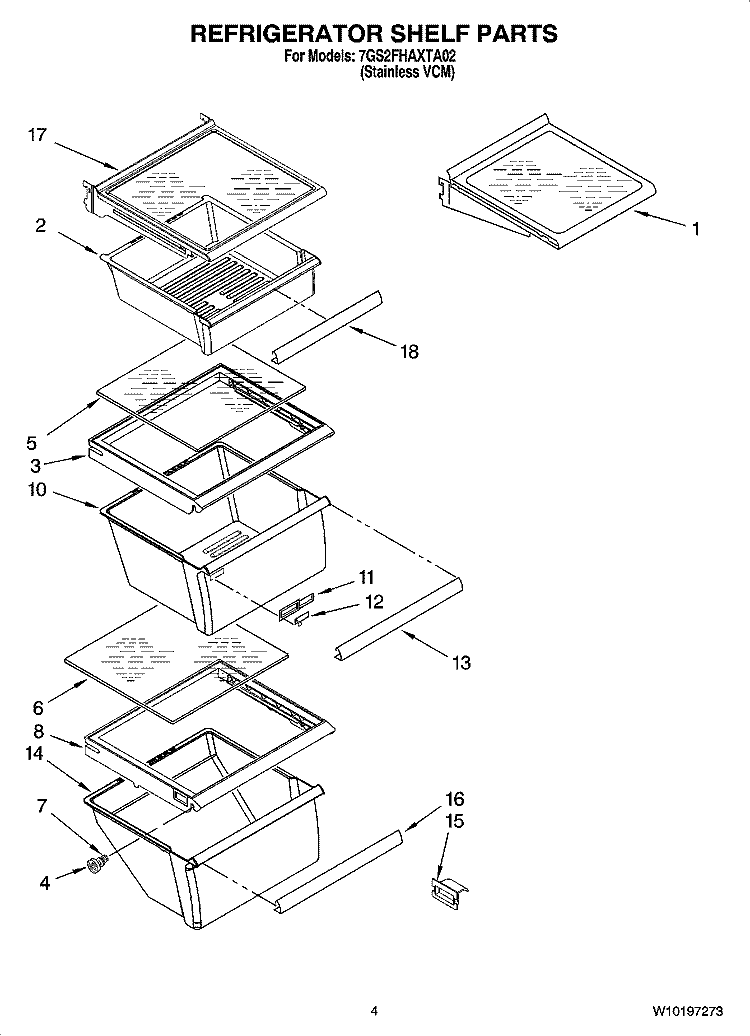 REFRIGERATOR SHELF PARTS Diagram and Parts List for 7GS2FHAXTA02  Whirlpool Refrigerator