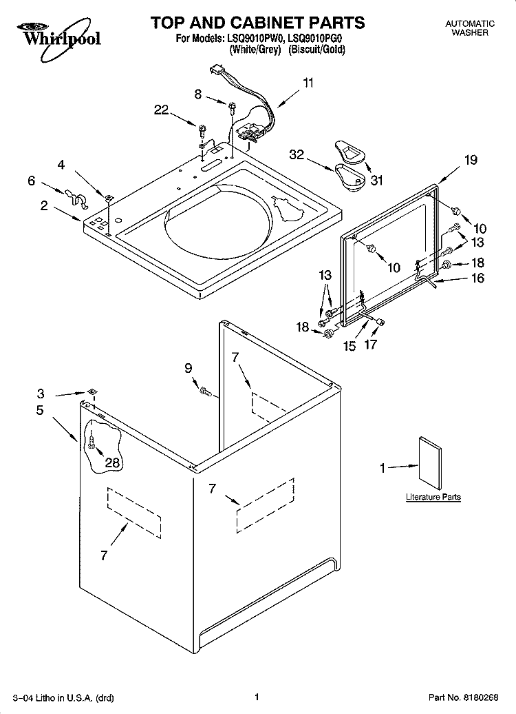 TOP AND CABINET PARTS Diagram and Parts List for LSQ9010PG0  Whirlpool Washer