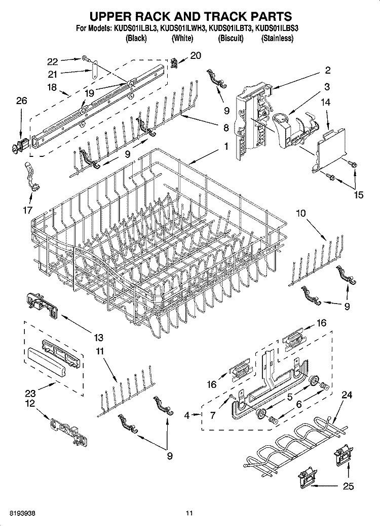 UPPER RACK AND TRACK PARTS Diagram and Parts List for KUDS01ILBT3  KitchenAid Dishwasher