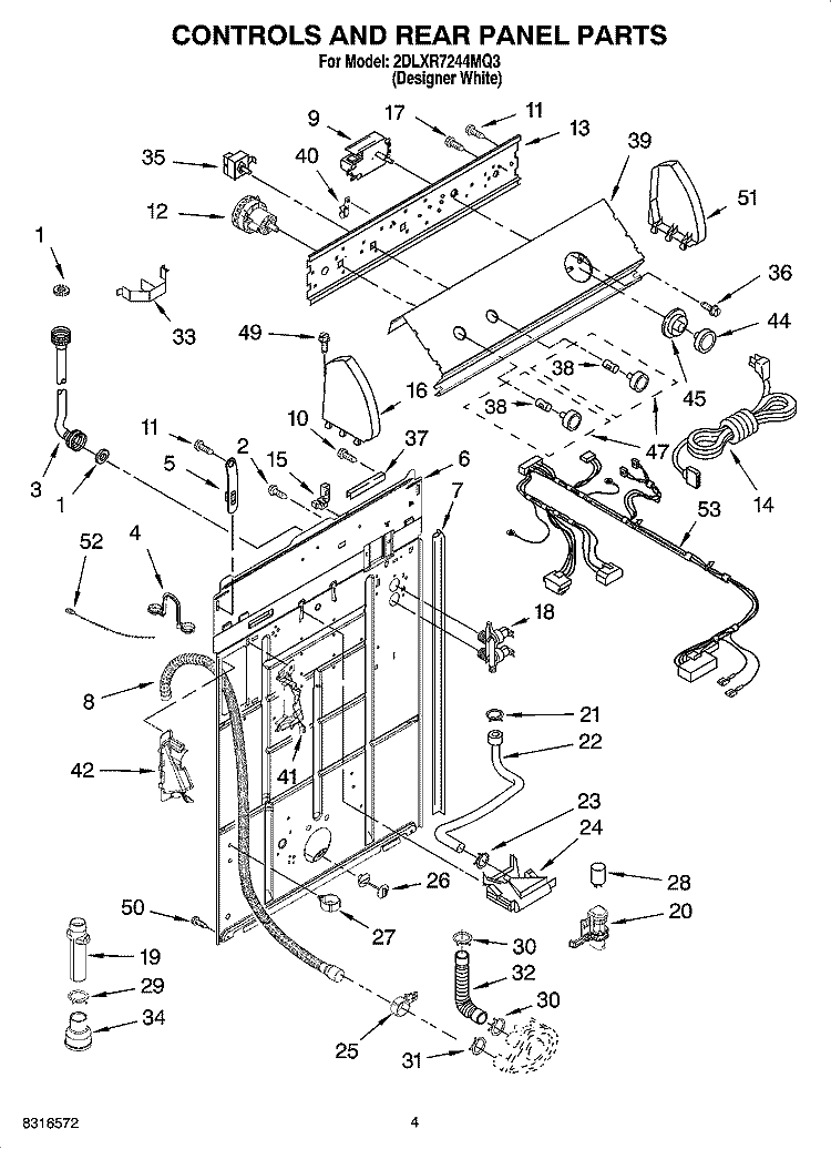 CONTROLS AND REAR PANEL PARTS Diagram and Parts List for 2DLXR7244MQ3  Whirlpool Washer