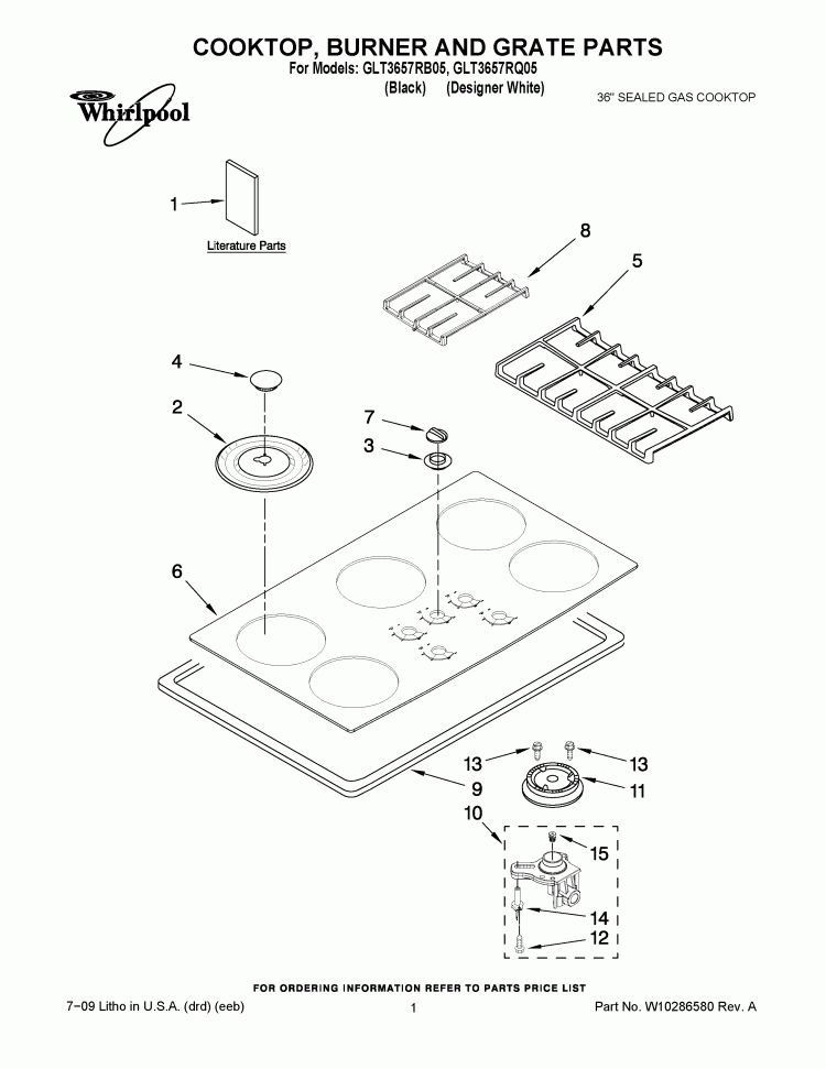 COOKTOP, BURNER AND GRATE PARTS Diagram and Parts List for GLT3657RQ05  Whirlpool Cooktop